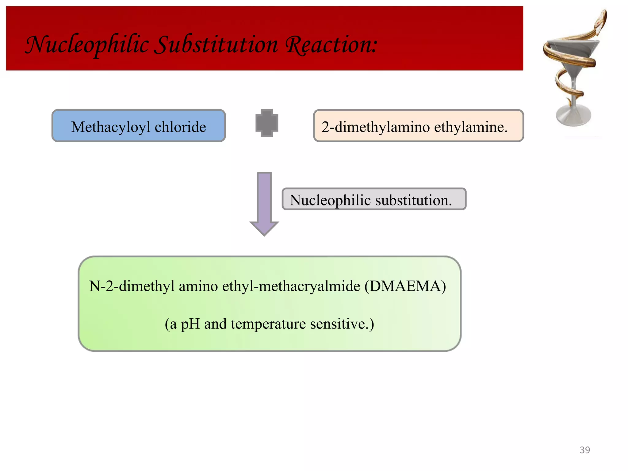Nucleophilic Substitution Reaction: Methacyloyl chloride 2-dimethylamino ethylamine.  Nucleophilic substitution. N-2-dimethyl amino ethyl-methacryalmide (DMAEMA) (a pH and temperature sensitive.) 