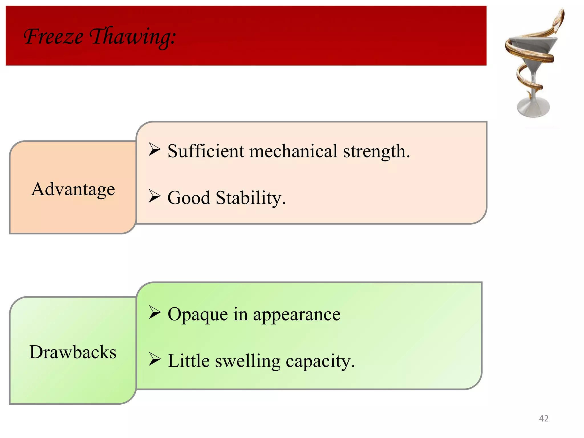 Freeze Thawing: Opaque in appearance  Little swelling capacity. Advantage Drawbacks Sufficient mechanical strength.  Good Stability. 