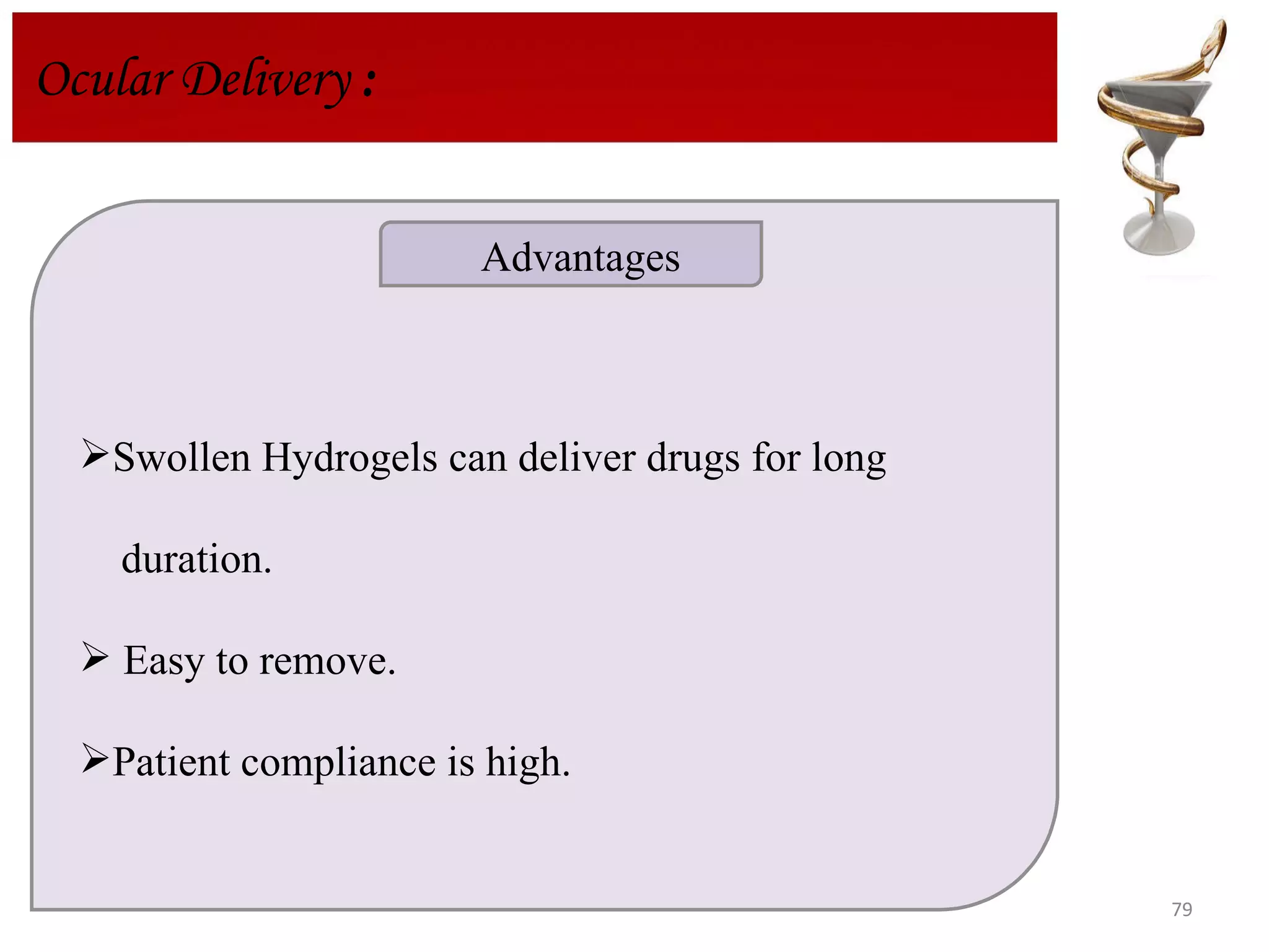 Ocular Delivery  : Swollen Hydrogels can deliver drugs for long  duration.  Easy to remove.  Patient compliance is high. Advantages 