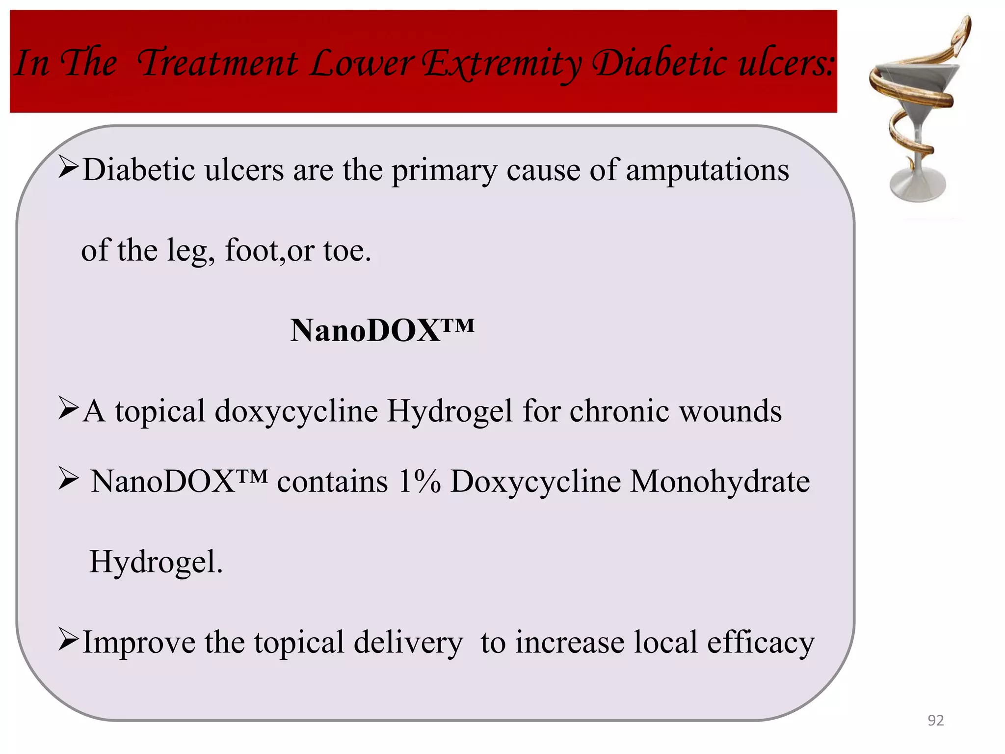 In The  Treatment Lower Extremity Diabetic ulcers: Diabetic ulcers are the primary cause of amputations  of the leg, foot,or toe. NanoDOX™ A topical doxycycline Hydrogel for chronic wounds  NanoDOX™ contains 1% Doxycycline Monohydrate  Hydrogel.  Improve the topical delivery  to increase local efficacy 