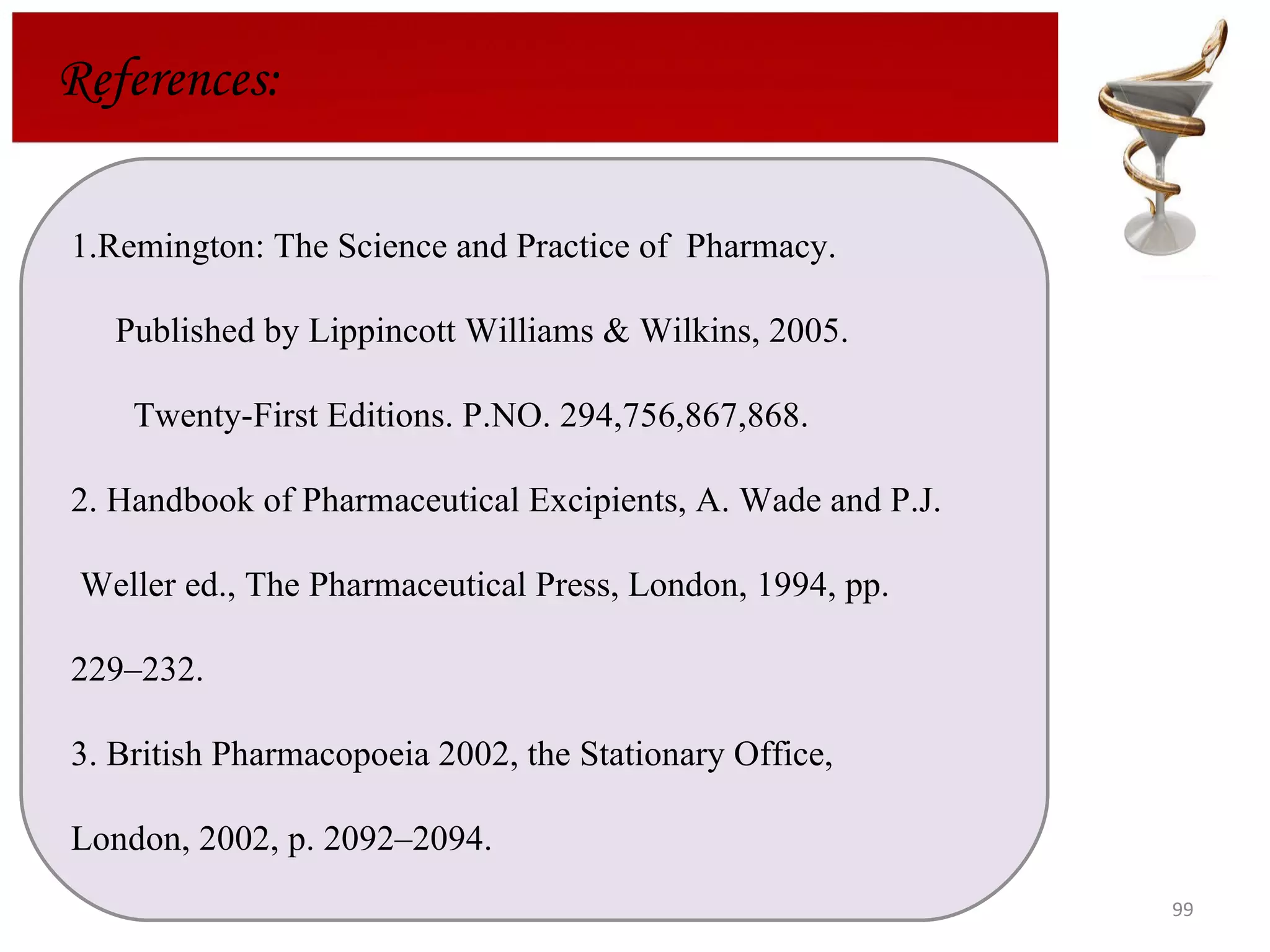 References: 1.Remington: The Science and Practice of  Pharmacy.  Published by Lippincott Williams & Wilkins, 2005. Twenty-First Editions. P.NO. 294,756,867,868. 2. Handbook of Pharmaceutical Excipients, A. Wade and P.J. Weller ed., The Pharmaceutical Press, London, 1994, pp.  229–232. 3. British Pharmacopoeia 2002, the Stationary Office,  London, 2002, p. 2092–2094. 