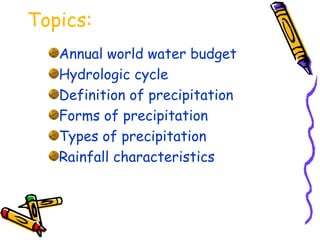 Topics:
Annual world water budget
Hydrologic cycle
Definition of precipitation
Forms of precipitation
Types of precipitation
Rainfall characteristics
 