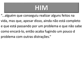 HIM
“...alguém que conseguiu realizar alguns feitos na
vida, mas que, apesar disso, ainda não está completo
e que está passando por um problema e que não sabe
como encará-lo, então acaba fugindo um pouco d
problema com outras distrações.”
 