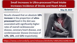 Small Increases in Ultra-processed Food Intake
Increases Incidence of Stroke and Heart Attack
May 29, 2019
Results showed that an absolute 10%
increase in the proportion of ultra-
processed food in the diet was
associated with significantly higher
rates of overall cardiovascular
disease, coronary heart disease, and
cerebrovascular disease (increase of
12%, 13%, and 11% respectively).
https://www.sciencedaily.com/releases/2019/05/190529221040.htm
 