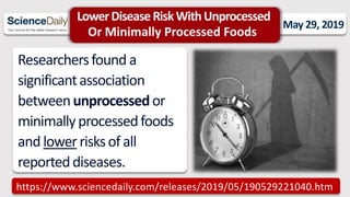 LowerDiseaseRiskWithUnprocessed
Or Minimally Processed Foods
May 29, 2019
Researchersfound a
significantassociation
betweenunprocessedor
minimallyprocessedfoods
and lowerrisksof all
reporteddiseases.
https://www.sciencedaily.com/releases/2019/05/190529221040.htm
 