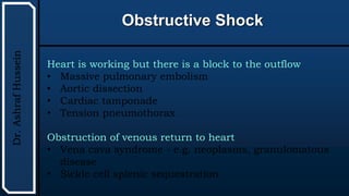 UTHSCSA
Pediatric
Resident
Curriculum
for
the
PICU
Obstructive Shock
Dr.
Ashraf
Hussein
Heart is working but there is a block to the outflow
• Massive pulmonary embolism
• Aortic dissection
• Cardiac tamponade
• Tension pneumothorax
Obstruction of venous return to heart
• Vena cava syndrome - e.g. neoplasms, granulomatous
disease
• Sickle cell splenic sequestration
 