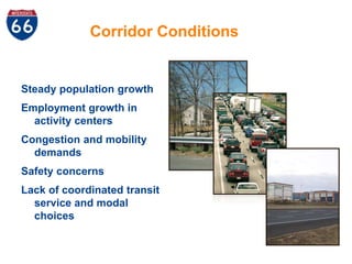 Corridor Conditions 
Steady population growth 
Employment growth in 
activity centers 
Congestion and mobility 
demands 
S...