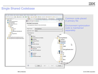 Single Shared Codebase


                             Common code placed
                             in primary file

                             Environment optimization
                             code is maintained
                             separately




          IBM Confidential                    © 2012 IBM Corporation
 