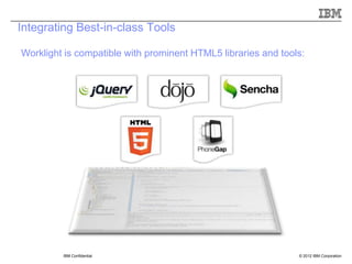 Integrating Best-in-class Tools

Worklight is compatible with prominent HTML5 libraries and tools:




         IBM Confidential                                      © 2012 IBM Corporation
 