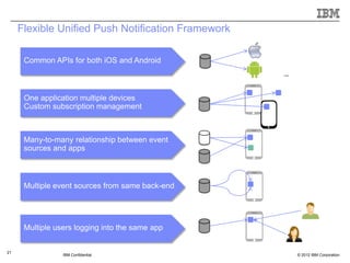 Flexible Unified Push Notification Framework

      Common APIs for both iOS and Android



      One application multiple devices
      Custom subscription management



      Many-to-many relationship between event
      sources and apps



      Multiple event sources from same back-end




      Multiple users logging into the same app


21
                 IBM Confidential                   © 2012 IBM Corporation
 