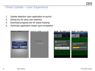 Direct Update – User Experience


     1.   Update detection upon application re launch
     2.   Dialog box for easy user selection
     3.   Download progress bar for status tracking
     4.   Automatic application restart upon completion




22               IBM Confidential                         © 2012 IBM Corporation
 