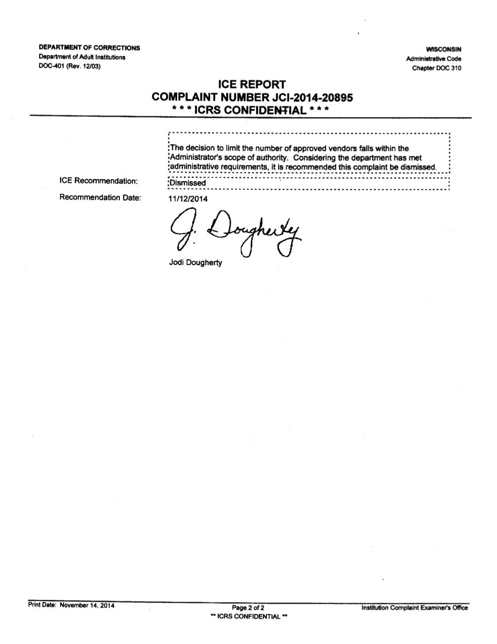 ICE report (response to complaint) Oct 23, 2014