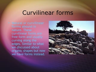 Curvilinear forms
 Natural or curvilinear
  forms abound in
  nature. These
  curvilinear forms are
  free form and usually
  curving along the
  edges. Similar to what
  we discussed about
  organic shapes but now
  we have forms instead.
 