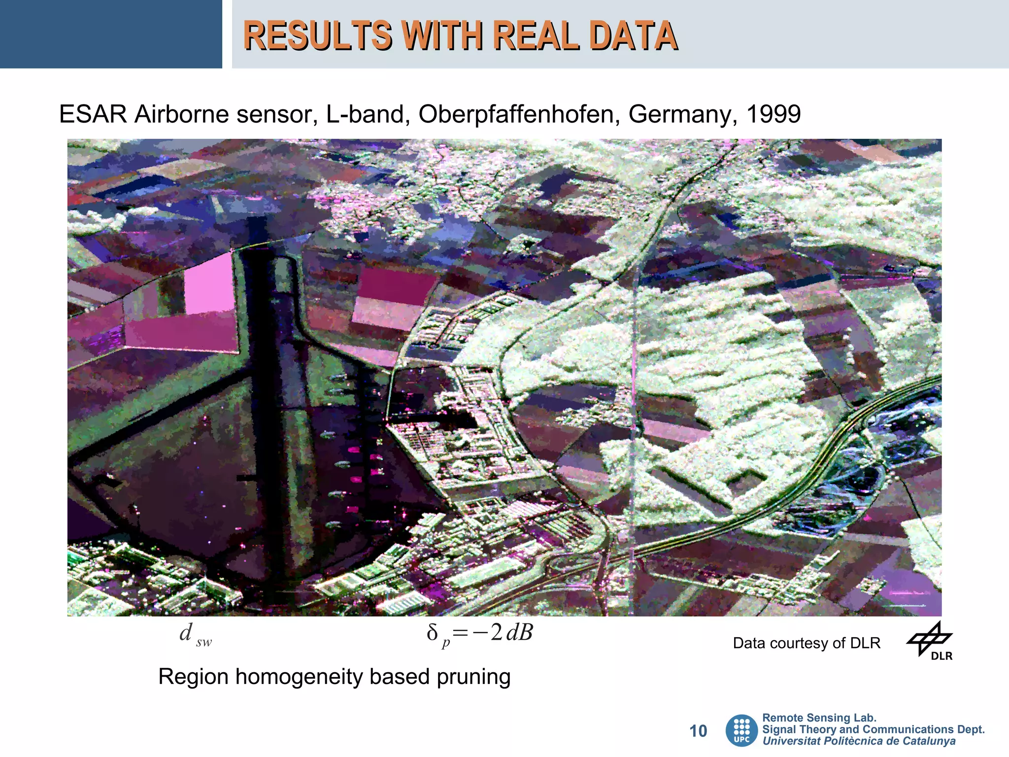 RESULTS WITH REAL DATA
ESAR Airborne sensor, L-band, Oberpfaffenhofen, Germany, 1999




         d sw                    p=−2 dB               Data courtesy of DLR

        Region homogeneity based pruning
                                                           Remote Sensing Lab.
                                                   10      Signal Theory and Communications Dept.
                                                           Universitat Politècnica de Catalunya
 