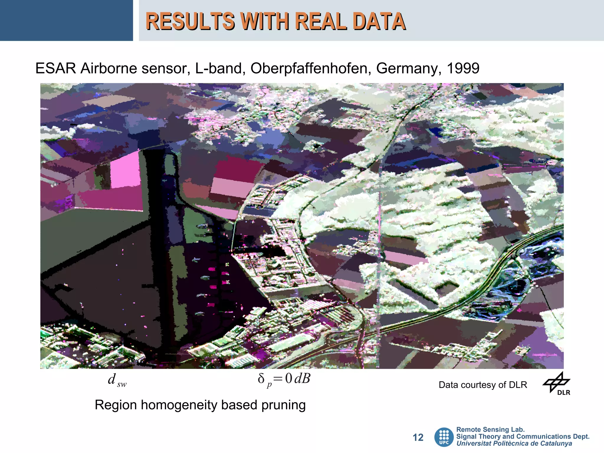RESULTS WITH REAL DATA
ESAR Airborne sensor, L-band, Oberpfaffenhofen, Germany, 1999




          d sw                   p=0 dB                Data courtesy of DLR

        Region homogeneity based pruning
                                                           Remote Sensing Lab.
                                                   12      Signal Theory and Communications Dept.
                                                           Universitat Politècnica de Catalunya
 