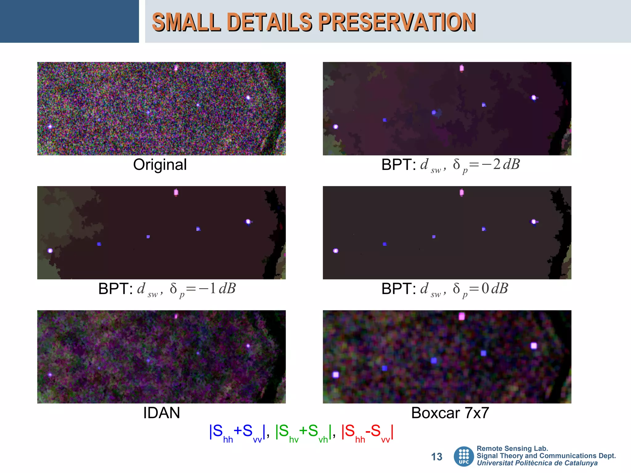 SMALL DETAILS PRESERVATION




     Original                               BPT: d sw ,  p=−2 dB




BPT: d sw ,  p=−1 dB                       BPT: d sw ,  p=0 dB




      IDAN                                        Boxcar 7x7
                |Shh+Svv|, |Shv+Svh|, |Shh-Svv|
                                                           Remote Sensing Lab.
                                                    13     Signal Theory and Communications Dept.
                                                           Universitat Politècnica de Catalunya
 