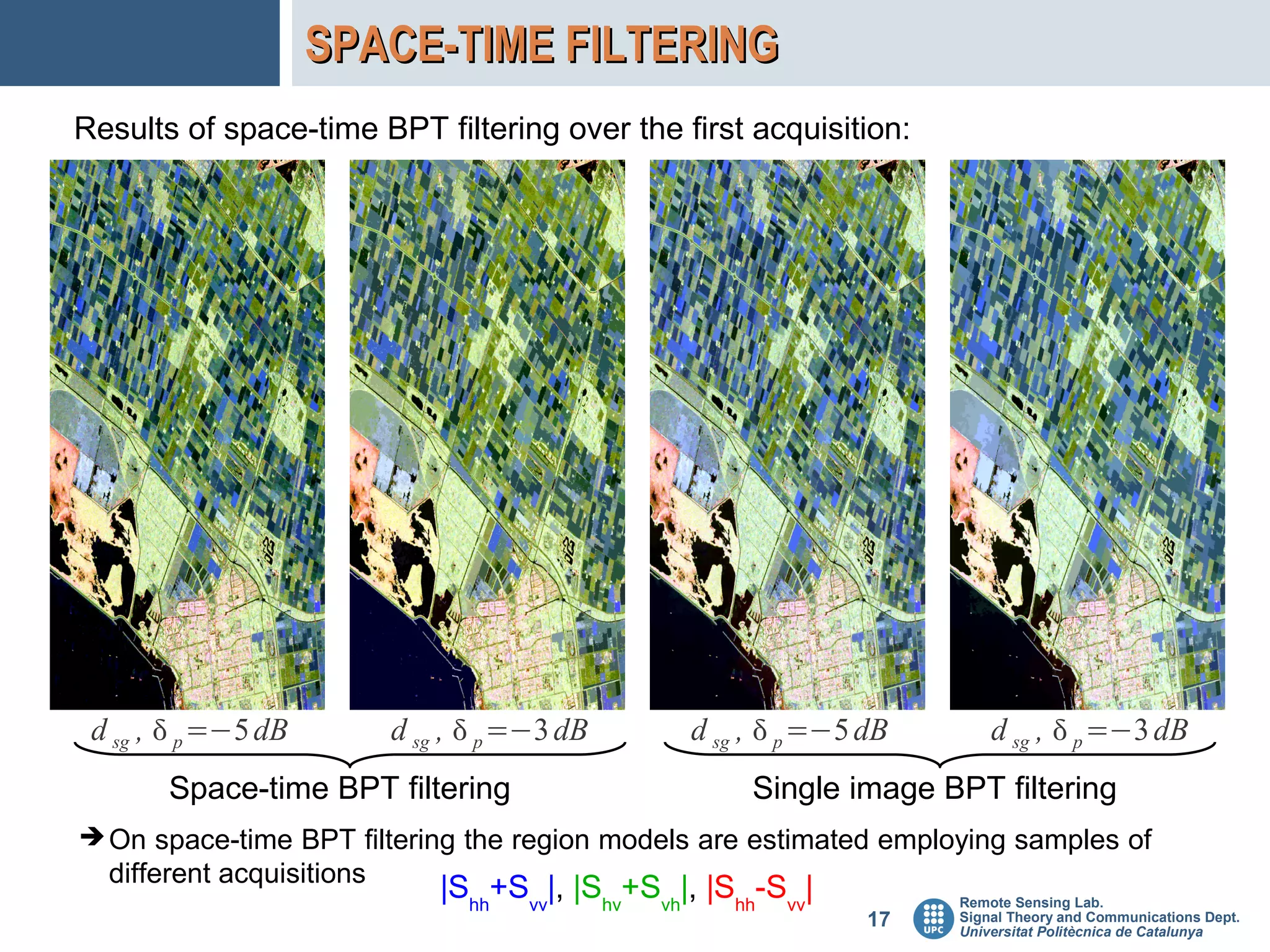 SPACE-TIME FILTERING
Results of space-time BPT filtering over the first acquisition:




 d sg ,  p =−5 dB         d sg ,  p =−3 dB       d sg ,  p =−5 dB       d sg ,  p =−3 dB
       Space-time BPT filtering                         Single image BPT filtering
➔ On space-time BPT filtering the region models are estimated employing samples of
  different acquisitions
                               |Shh+Svv|, |Shv+Svh|, |Shh-Svv|         Remote Sensing Lab.
                                                                  17   Signal Theory and Communications Dept.
                                                                       Universitat Politècnica de Catalunya
 