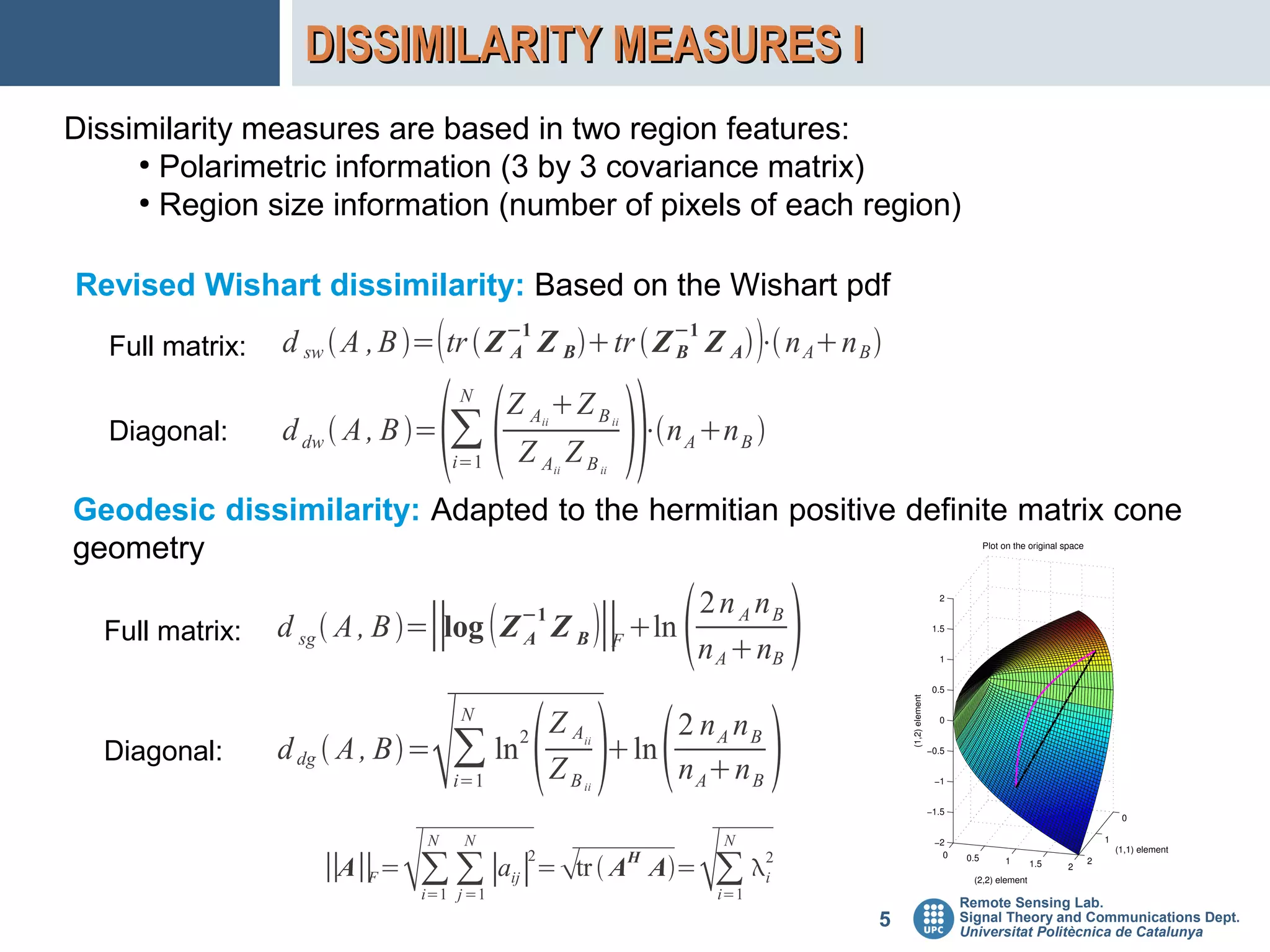 DISSIMILARITY MEASURES I
Dissimilarity measures are based in two region features:
     ●
       Polarimetric information (3 by 3 covariance matrix)
     ●
       Region size information (number of pixels of each region)

Revised Wishart dissimilarity: Based on the Wishart pdf
   Full matrix:   d sw  A , B = tr  Z −1 Z B tr  Z −1 Z A  ⋅ n An B 
                                          A               B




                                                                        
                                      N
                                            Z A Z B
   Diagonal:      d dw  A , B =     ∑          ii


                                            Z A ZB
                                                                     ii
                                                                              ⋅n A n B 
                                      i=1             ii        ii



Geodesic dissimilarity: Adapted to the hermitian positive definite matrix cone
geometry

  Full matrix:                    ∥
                  d sg  A , B = log  Z Z B 
                                             −1
                                             A                  ∥    F
                                                                       ln
                                                                           2 n A nB
                                                                           n A nB                
                                                                                           
                                      N
                                      ZA     2 nA nB
                  d dg  A , B= ∑ ln
                                             2
  Diagonal:                              ln               ii


                                 i=1  ZB     n An B       ii




                                                                                      
                                  N    N                                                   N
                                             2                            H
                      ∥A∥ =
                         F      ∑ ∑ ∣aij∣ = tr  A
                                i=1 j =1
                                                                              A=      ∑ 2
                                                                                       i=1
                                                                                           i
                                                                                                           Remote Sensing Lab.
                                                                                                       5   Signal Theory and Communications Dept.
                                                                                                           Universitat Politècnica de Catalunya
 