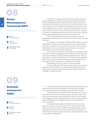 II квартал 2013 года
Информационный бюллетень
Деятельность бизнес-ангелов в России С о б ы т и я
13
Конкурс БИТ - это национальный конкурс бизнес-планов c 10-летней
историей. Впервые конкурс БИТ был организован при поддержке MIT Russia
Business and Technology Initiative в 2003 году на базе ведущих технических и
экономических российских вузов: Высшей школы экономики, Московского фи-
зико-технического института и Финансовой академии при Правительстве Рос-
сийской Федерации. Цель конкурса – инициировать создание новых технологи-
ческих компаний, повышать их инвестиционную привлекательность, выводить
на российский и международный венчурные рынки и способствовать развитию
культуры предпринимательства в российском секторе «High tech».
В 2013 г. проект претерпел значительные изменения, и теперь это
федеральный конкурс-акселератор и сообщество лучших российских стартапов
Generation S.
Это означает, что три команды, победившие в БИТ-Сибирь и вышедшие
в федеральный полуфинал, получили возможность пройти образовательную
программу, состоящую из 12 онлайн-семинаров об основах технологического
предпринимательства с участием действующих бизнесменов, российских и
международных отраслевых экспертов и инвесторов.
После успешного прохождения онлайн-обучения полуфиналисты были
приглашены на уникальную двухнедельную акселерационную программу в Мо-
скву. В ходе программы с командами работали предприниматели и менторы,
имеющие опыт создания успешных бизнесов. Участникам помогли доработать
бизнес-модель, сделать качественный инвестиционный меморандум и полу-
чить обратную связь от потенциальных потребителей и инвесторов.
Призовой фонд конкурса составил пять миллионов рублей.
Команды, победившие в БИТ-Сибирь, смогли побороться за попадание
в федеральный финал Generation S, который прошел в рамках Московского
международного форума инновационного развития «Открытые инновации» с
31 октября по 2 ноября 2013 года.
В рамках Весеннего университета Национальной ассоциации бизнес-ан-
гелов прошла серия тренингов для обмена опытом между действующими
участниками рынка венчурных инвестиций, в том числе бизнес-ангелами.
Программа Весеннего университета НАБА направлена на рост числа
и организованности участников рынка венчурных инвестиций в высокотехно-
логичные компании ранней стадии. Мероприятие собрала около 100 предста-
вителей ведущих российских объединений бизнес-ангелов, посевных фондов,
сервис-провайдеров, органов государственной власти и государственных
институтов развития.
Участники Весеннего университета НАБА на тренингах узнали, как
привлекать и отбирать стартапы, как устроить пост-инвестиционное сопро-
вождение проектов, как создать и управлять организациями бизнес-ангелов
и фондами ранней стадии. Среди экспертов программы была руководитель
RusBase Маруся Подлеснова, которая рассказала о сервисах и возможных вари-
антах поддержки проекта RusBase.
д ат а :
25 мая 2013 года
г о р од :
Новосибирск
о р г а н и з ат о р ы :
ОАО «РВК»
д ат а :
30-31 мая 2013 года
г о р од :
Москва
о р г а н и з ат о р ы :
НАБА
Бизнес
Инновационных
Технологий (БИТ)
Весенний
университет
НАБА
08
09
 
