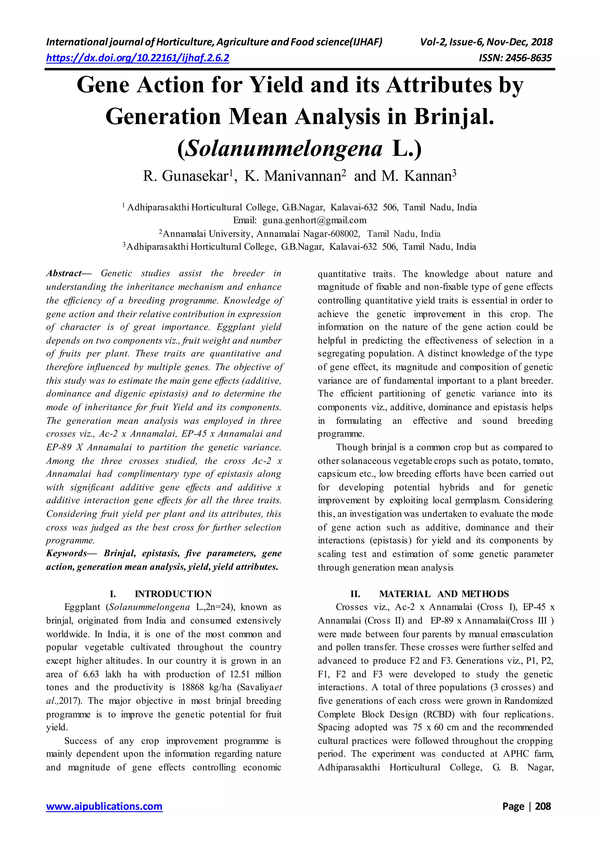 Gene Action for Yield and its Attributes by Generation Mean Analysis in ...