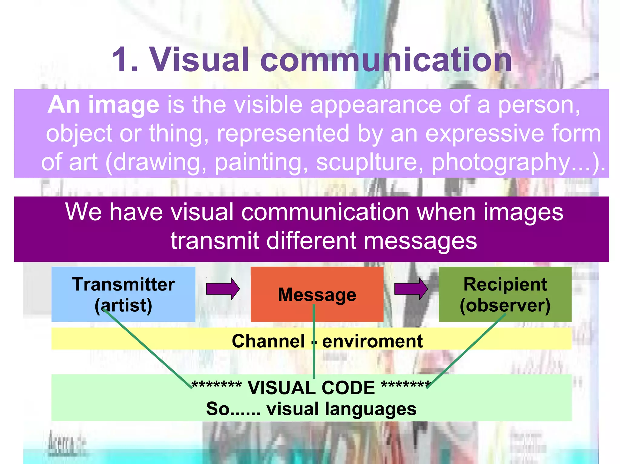 1. Visual communication
We have visual communication when images
transmit different messages
Transmitter
(artist)
Message
Recipient
(observer)
Channel - enviroment
An image is the visible appearance of a person,
object or thing, represented by an expressive form
of art (drawing, painting, scuplture, photography...).
******* VISUAL CODE *******
So...... visual languages
 
