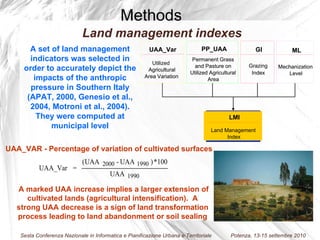 Land management indexes UAA_VAR - Percentage of variation of cultivated surfaces Methods A set of land management indicators was selected in order to accurately depict the impacts of the anthropic pressure in Southern Italy (APAT, 2000, Genesio et al., 2004, Motroni et al., 2004). They were computed at municipal level A marked UAA increase implies a larger extension of cultivated lands (agricultural intensification).  A strong UAA decrease is a sign of land transformation process leading to land abandonment or soil sealing LMI Land Management  Index ML Mechanization Level GI Grazing  Index PP_UAA Permanent Grass and Pasture on  Utilized Agricultural Area UAA_Var Utilized Agricultural Area  Variation LMI Land Management  Index ML Mechanization Level GI Grazing  Index PP_UAA Permanent Grass and Pasture on  Utilized Agricultural Area UAA_Var Agricultural Area  Variation 