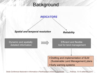INDICATORS Spatial and temporal resolution Reliability Dynamic and spatially  detailed information Efficient and flexible tool for land management Drafting and implementation of SLM  (Sustainable Land Management) plans Early warning systems Background 