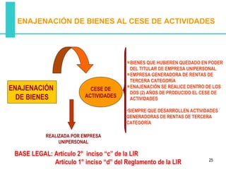 ENAJENACIÓN DE BIENES AL CESE DE ACTIVIDADES




                                         BIENES QUE HUBIEREN QUEDADO EN PODER
                                         DEL TITULAR DE EMPRESA UNIPERSONAL
                                         EMPRESA GENERADORA DE RENTAS DE
                                         TERCERA CATEGORÍA
ENAJENACIÓN                 CESE DE      ENAJENACIÓN SE REALICE DENTRO DE LOS
                                         DOS (2) AÑOS DE PRODUCIDO EL CESE DE
  DE BIENES               ACTIVIDADES    ACTIVIDADES

                                        •SIEMPRE QUE DESARROLLEN ACTIVIDADES
                                        GENERADORAS DE RENTAS DE TERCERA
                                        CATEGORÍA

            REALIZADA POR EMPRESA
                 UNIPERSONAL

 BASE LEGAL: Artículo 2° inciso “c” de la LIR
                                                                        25
             Artículo 1° inciso “d” del Reglamento de la LIR
 
