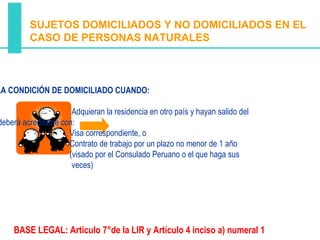 SUJETOS DOMICILIADOS Y NO DOMICILIADOS EN EL
         CASO DE PERSONAS NATURALES



LA CONDICIÓN DE DOMICILIADO CUANDO:

                      Adquieran la residencia en otro país y hayan salido del
deberá acreditarse con:
                     Visa correspondiente, o
                     Contrato de trabajo por un plazo no menor de 1 año
                     (visado por el Consulado Peruano o el que haga sus
                      veces)




    BASE LEGAL: Artículo 7°de la LIR y Artículo 4 inciso a) numeral 1
 