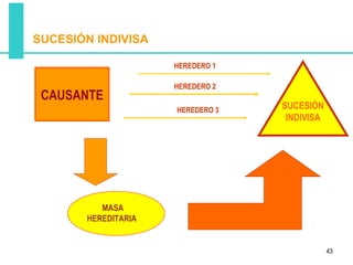 SUCESIÓN INDIVISA

                     HEREDERO 1

                     HEREDERO 2
 CAUSANTE
                     HEREDERO 3   SUCESIÓN
                                   INDIVISA




          MASA
       HEREDITARIA


                                              43
 
