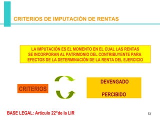 CRITERIOS DE IMPUTACIÓN DE RENTAS




            LA IMPUTACIÓN ES EL MOMENTO EN EL CUAL LAS RENTAS
          SE INCORPORAN AL PATRIMONIO DEL CONTRIBUYENTE PARA
          EFECTOS DE LA DETERMINACIÓN DE LA RENTA DEL EJERCICIO
              Ámbito de aplicación del impuesto



                                           DEVENGADO
     CRITERIOS
                                            PERCIBIDO


BASE LEGAL: Artículo 22°de la LIR                                 53
 