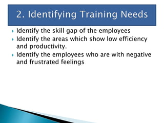  Identify the skill gap of the employees
 Identify the areas which show low efficiency
and productivity.
 Identify the employees who are with negative
and frustrated feelings
 