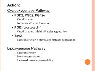 Action:
Cyclooxygenase Pathway
• PGD2, PGE2, PGF2α
Vasodilatation
Potentiates Edema formation
• PGI2 (prostacyclin)
Vasodilatation, Inhibits Platelet aggregation
• TxA2
Vasoconstriction & stimulates platelets aggregation
Lipoxygenase Pathway
Vasoconstriction
Bronchoconstriction
Increased vascular permeability
 