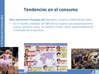 Tendencias en el consumo
Desarrollo de Productos Turísticos 2012




                                          Men and women changing role (Hombres y mujeres cambiando de roles)
                                          • En el mundo, alrededor del 40% de las mujeres son económicamente
                                            activas. Mientras tanto, los hombres hacen crecer exponencialmente
                                            el mercado de la cosmética.




        www.vicenteferreyra.net
 