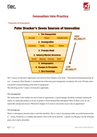 1 | P a g e Innovation Into Practice
Innovation Into Practice
7 Sources of Innovation
The 7 sources of innovative opportunity were listed by Peter Drucker in his book “Innovation and Entrepreneurship. If
you’re unaware, Peter Drucker is considered one of the truly great management consultants. He wrote 39 books and is
considered a seminal thinking in the field of management.
The following are his 7 sources of innovative opportunity.
The Unexpected
The market place is the number one area to look for opportunities. A good manager should be constantly studying the
market. Is a particular product or service in greater or lesser demand than anticipated? Why? Is there a way we can
exploit this unexpected success? What has to happen if we want to convert this success into an opportunity?
The Incongruity
There is a discrepancy between what is and what should be. This is a key to developing wildly successful businesses but
it’s tricky. Facebook is a company that nailed it. Prior to the social network’s prolific rise Myspace was the dominant
player, but it had its downfalls.
 