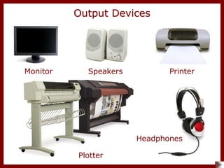 Output Devices
Monitor Speakers
Plotter
Headphones
Printer
 