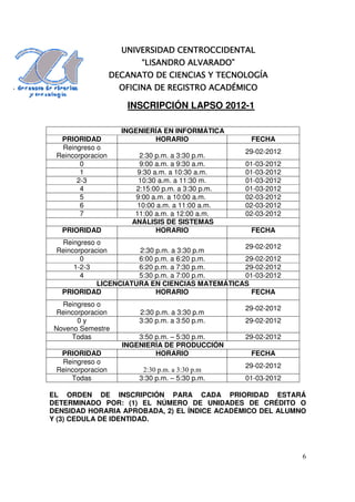 CENTROCCIDENTAL
                     UNIVERSIDAD CENTROCCIDENTAL
                         “LISANDRO ALVARADO”
                   DECANATO DE CIENCIAS Y TECNOLOGÍA
                     OFICINA DE REGISTRO ACADÉMICO

                      INSCRIPCIÓN LAPSO 2012-1

                     INGENIERÍA EN INFORMÁTICA
  PRIORIDAD                  HORARIO                FECHA
  Reingreso o
                                                   29-02-2012
 Reincorporacion          2:30 p.m. a 3:30 p.m.
        0                 9:00 a.m. a 9:30 a.m.    01-03-2012
        1                9:30 a.m. a 10:30 a.m.    01-03-2012
       2-3               10:30 a.m. a 11:30 m.     01-03-2012
        4               2:15:00 p.m. a 3:30 p.m.   01-03-2012
        5               9:00 a.m. a 10:00 a.m.     02-03-2012
        6                10:00 a.m. a 11:00 a.m.   02-03-2012
        7               11:00 a.m. a 12:00 a.m.    02-03-2012
                       ANÁLISIS DE SISTEMAS
   PRIORIDAD                   HORARIO              FECHA
  Reingreso o
                                                29-02-2012
 Reincorporacion       2:30 p.m. a 3:30 p.m
        0              6:00 p.m. a 6:20 p.m.    29-02-2012
      1-2-3            6:20 p.m. a 7:30 p.m.    29-02-2012
        4              5:30 p.m. a 7:00 p.m.    01-03-2012
             LICENCIATURA EN CIENCIAS MATEMÁTICAS
  PRIORIDAD                 HORARIO               FECHA
   Reingreso o
                                                   29-02-2012
 Reincorporacion         2:30 p.m. a 3:30 p.m
       0y                3:30 p.m. a 3:50 p.m.     29-02-2012
 Noveno Semestre
     Todas               3:50 p.m. – 5:30 p.m.     29-02-2012
                     INGENIERÍA DE PRODUCCIÓN
  PRIORIDAD                   HORARIO               FECHA
  Reingreso o
                                                   29-02-2012
 Reincorporacion          2:30 p.m. a 3:30 p.m
     Todas               3:30 p.m. – 5:30 p.m.     01-03-2012

EL ORDEN DE INSCRIPCIÓN PARA CADA PRIORIDAD ESTARÁ
DETERMINADO POR: (1) EL NÚMERO DE UNIDADES DE CRÉDITO O
DENSIDAD HORARIA APROBADA, 2) EL ÍNDICE ACADÉMICO DEL ALUMNO
Y (3) CEDULA DE IDENTIDAD.




                                                                6
 