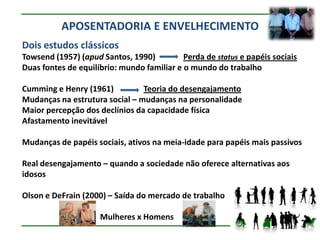 APOSENTADORIA E ENVELHECIMENTO
Dois estudos clássicos
Towsend (1957) (apud Santos, 1990)          Perda de status e papéis sociais
Duas fontes de equilíbrio: mundo familiar e o mundo do trabalho

Cumming e Henry (1961)          Teoria do desengajamento
Mudanças na estrutura social – mudanças na personalidade
Maior percepção dos declínios da capacidade física
Afastamento inevitável

Mudanças de papéis sociais, ativos na meia-idade para papéis mais passivos

Real desengajamento – quando a sociedade não oferece alternativas aos
idosos

Olson e DeFrain (2000) – Saída do mercado de trabalho

                     Mulheres x Homens
 