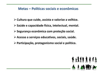 Metas – Políticas sociais e econômicas

 Cultura que cuide, assista e valorize a velhice.
 Saúde e capacidade física, intelectual, mental.
 Segurança econômica com proteção social.
 Acesso a serviços educativos, sociais, saúde.
 Participação, protagonismo social e político.
 