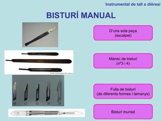 BISTURÍ MANUAL
Instrumental de tall o dièresi
D’una sola peça
(escalpel)
Mànec de bisturí
(nº3 i 4)
Fulla de bisturí
(de diferents formes i tamanys)
Bisturí muntat
 