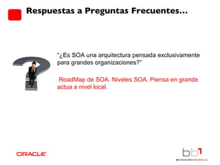 Respuestas a Preguntas Frecuentes… “ ¿Es SOA una arquitectura pensada exclusivamente para grandes organizaciones?”  RoadMap de SOA. Niveles SOA. Piensa en grande actua a nivel local. 