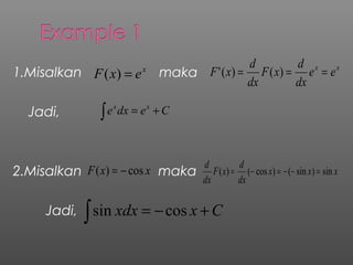 1.Misalkan maka
Jadi,
2.Misalkan maka
Jadi,
Cedxe xx
+=∫
x
exF =)(
xxF cos)( −=
Cxxdx +−=∫ cossin
xx
ee
dx
d
xF
dx
d
xF ==...