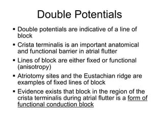 Double Potentials
      Double potentials are indicative of a line of
       block
      Crista terminalis is an important anatomical
       and functional barrier in atrial flutter
      Lines of block are either fixed or functional
       (anisotropy)
      Atriotomy sites and the Eustachian ridge are
       examples of fixed lines of block
      Evidence exists that block in the region of the
       crista terminalis during atrial flutter is a form of
       functional conduction block
55
 