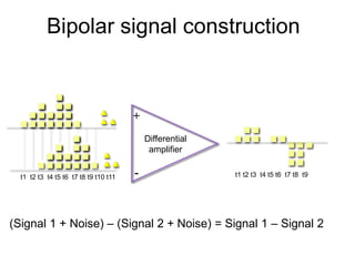 Bipolar signal construction


                                       +
                                           Differential
                                            amplifier


  t1 t2 t3 t4 t5 t6 t7 t8 t9 t10 t11   -                  t1 t2 t3 t4 t5 t6 t7 t8 t9




(Signal 1 + Noise) – (Signal 2 + Noise) = Signal 1 – Signal 2

 6
 