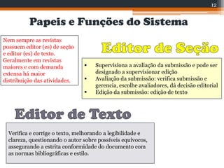 Papeis e Funções do Sistema
Nem sempre as revistas
possuem editor (es) de seção
e editor (es) de texto.
Geralmente em revistas
maiores e com demanda
extensa há maior
distribuição das atividades.
 Supervisiona a avaliação da submissão e pode ser
designado a supervisionar edição
 Avaliação da submissão: verifica submissão e
gerencia, escolhe avaliadores, dá decisão editorial
 Edição da submissão: edição de texto
Verifica e corrige o texto, melhorando a legibilidade e
clareza, questionando o autor sobre possíveis equívocos,
assegurando a estrita conformidade do documento com
as normas bibliográficas e estilo.
12
 