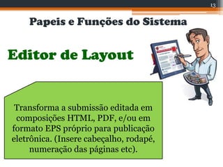 Papeis e Funções do Sistema
Editor de Layout
Transforma a submissão editada em
composições HTML, PDF, e/ou em
formato EPS próprio para publicação
eletrônica. (Insere cabeçalho, rodapé,
numeração das páginas etc).
13
 