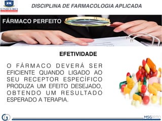 DISCIPLINA DE FARMACOLOGIA APLICADA
FÁRMACO PERFEITO
EFETIVIDADE
O F Á R M A C O D E V E R Á S E R
EFICIENTE QUANDO LIGADO...