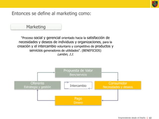 Entonces se define al marketing como:12Marketing“Proceso social y gerencial orientado hacia la satisfacción de necesidades y deseos de individuos y organizaciones, para la creación y el intercambiovoluntario y competitivo de productos y serviciosgeneradores de utilidades". (BENEFICIOS)Lambin, J.J.Propuesta de ValorBien/servicioOferenteEstrategia y gestiónConsumidorNecesidades y deseosIntercambioPagoDinero