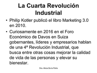 La Cuarta Revolución
Industrial
• Philip Kotler publicó el libro Marketing 3.0
en 2010.
• Curiosamente en 2016 en el Foro
Económico de Davos en Suiza
gobernantes, líderes y empresarios hablan
de una 4ª Revolución Industrial, que
busca entre otras cosas mejorar la calidad
de vida de las personas y elevar su
bienestar.
Dra. Alicia De la Peña
 