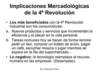 Implicaciones Mercadológicas
de la 4ª Revolución
• Los más beneficiados con la 4ª Revolución
Industrial son los consumidores:
a. Nuevos productos y servicios que incrementan la
eficiencia y el placer en la vida personal.
b. Tareas comunes hoy se hacen de forma remota:
pedir un taxi, comprar un boleto de avión, pagar
un café, escuchar música o jugar mientras se
espera en la fila del supermercado…
• Lo negativo: la tecnología reemplaza al recurso
humano en las empresas (Desempleo).
Dra. Alicia De la Peña
 
